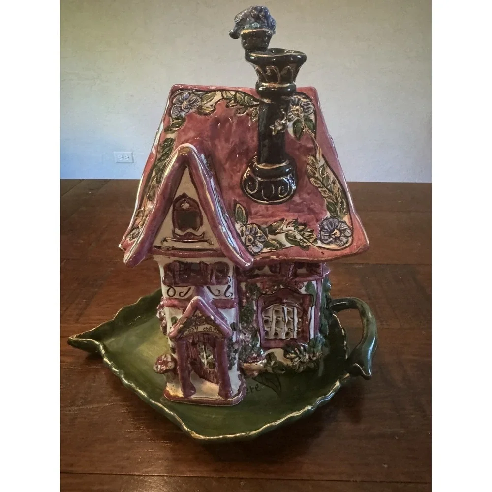 Blue Sky Clayworks Heather Goldminc Cozy Corner House CandleHolder w/Under Plate